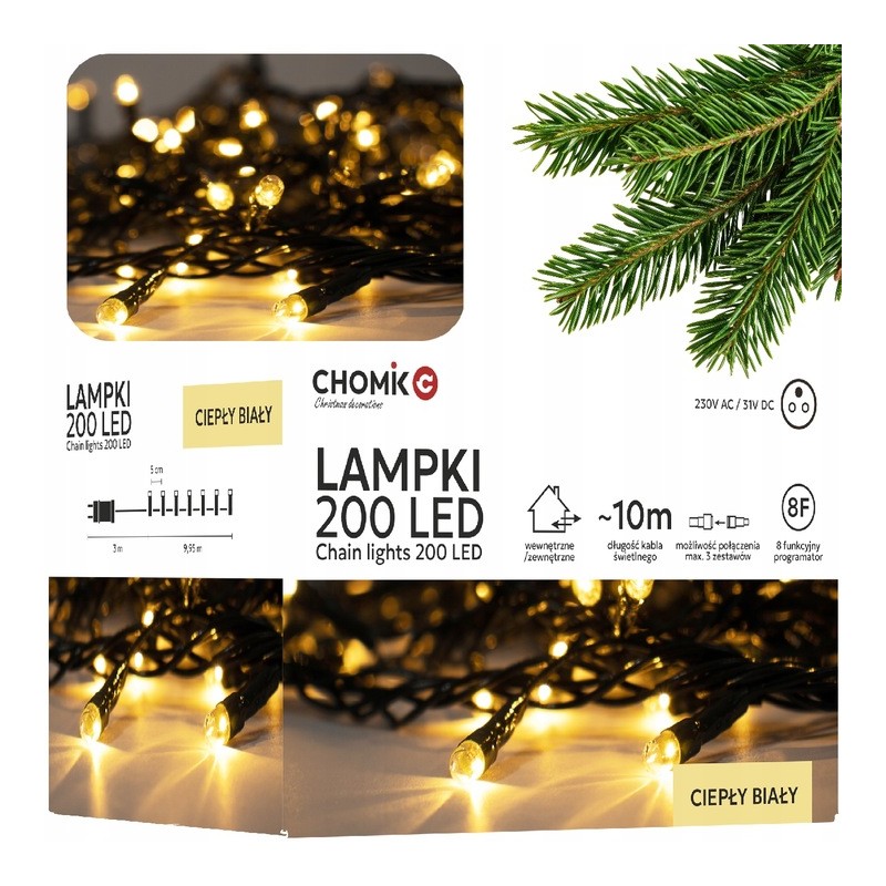 Lampki Choinkowe LED Ciepły Biały 200 Lampek ~10m LED9447