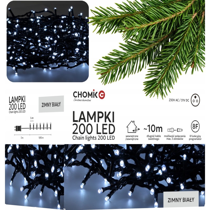 Lampki Choinkowe LED Zimny Biały 200 Lampek ~10m LED9454