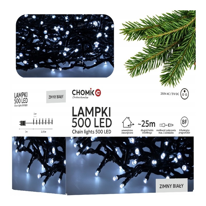 Lampki Choinkowe LED Zimny Biały 500 Lampek ~25m LED9577