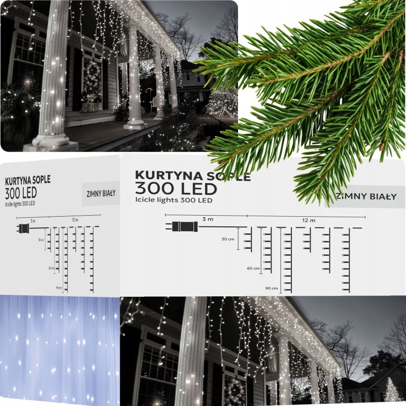 Lampki Kurtyna Sople LED Zimny Biały 300 Lampek ~12m LED9836