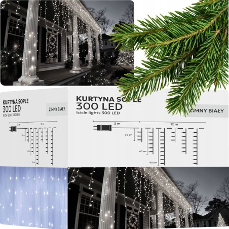 Lampki Kurtyna Sople LED Zimny Biały 300 Lampek ~12m LED9836