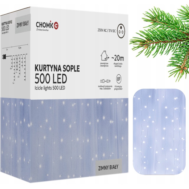 Lampki Kurtyna Sople LED Zimny Biały 500 Lampek ~20m LED9874