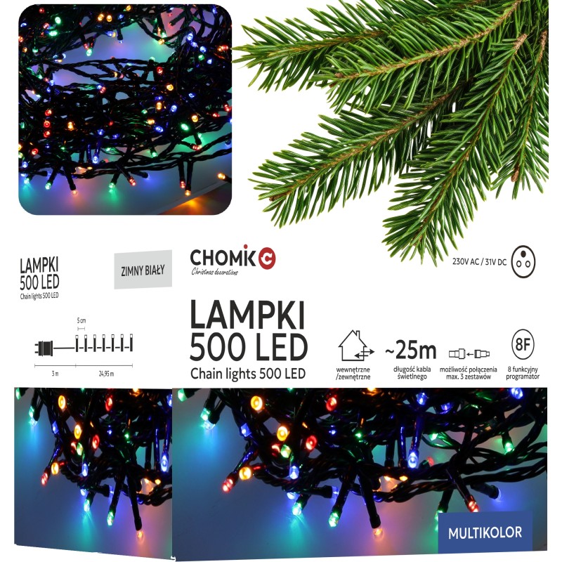 Lampki Choinkowe LED Kolorowe 500 Lampek ~25m LED9584
