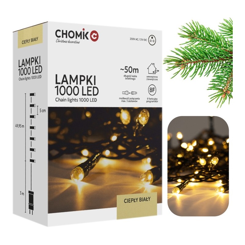 Lampki Choinkowe LED Ciepły Biały 1000 Lampek ~50m LED9621