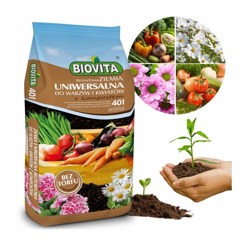 Biovita BEZTORFOWA Ziemia Uniwersalna do warzyw i kwiatów z Kompostem 40L