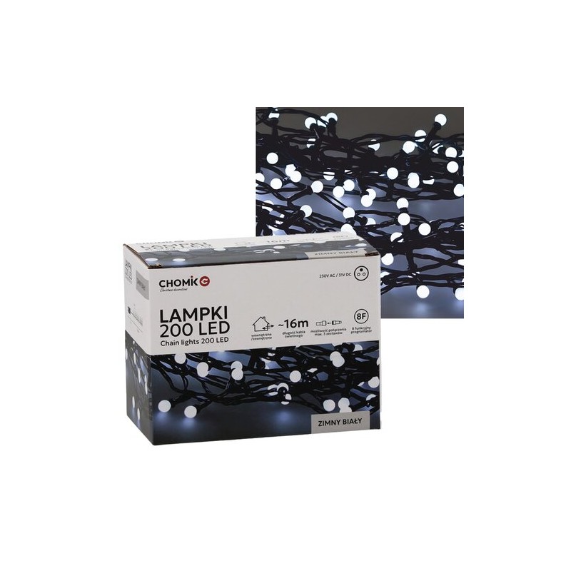 Lampki Choinkowe LED Zimny Biały 200 Lampek (Kulki) ~16m LED0153