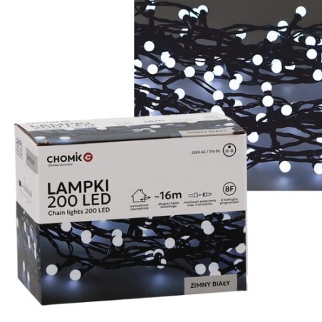 Lampki Choinkowe LED Zimny Biały 200 Lampek (Kulki) ~16m LED0153