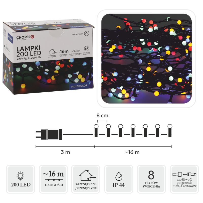 Lampki Choinkowe LED Kolorowe 200 Lampek (kulki)  ~16m LED0160