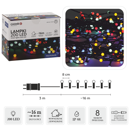 Lampki Choinkowe LED Kolorowe 200 Lampek (kulki)  ~16m LED0160