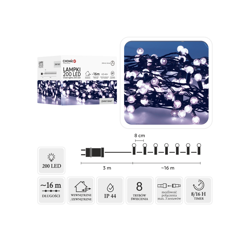 Lampki Choinkowe LED Zimny Biały (CHERRY BALL) 200 Lampek  ~16m LED9973