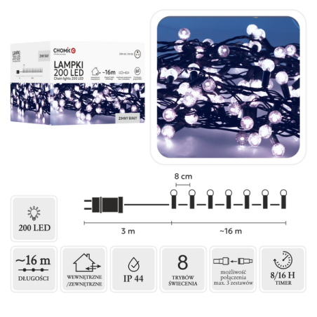 Lampki Choinkowe LED Zimny Biały (CHERRY BALL) 200 Lampek  ~16m LED9973