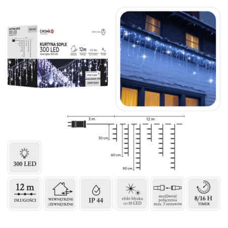 Lampki Kurtyna Sople LED Zimny Biały+FLASH 300 Lampek ~12m LED9850