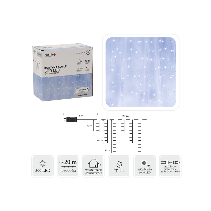 Lampki Kurtyna Sople LED Zimny Biały+FLASH 500 Lampek ~20m LED9898