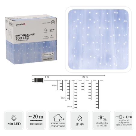 Lampki Kurtyna Sople LED Zimny Biały+FLASH 500 Lampek ~20m LED9898